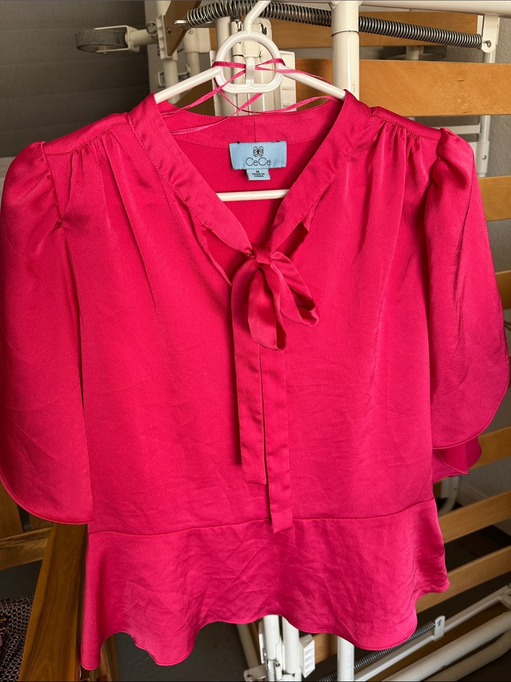 CeCe Vibrant Pink Tie-Neck Peplum Blouse